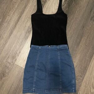 Free People Dark Blue Denim Jacket and black suede body suit